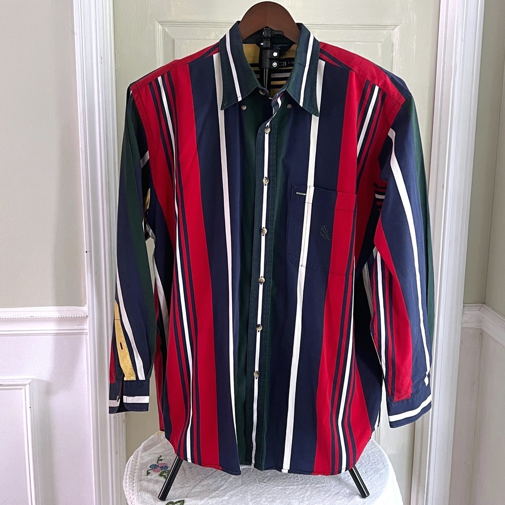 Nautica Button Down Shirt L Mens Vintage 90s Vertical Stripe Multicolor Nautical